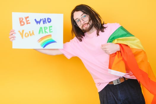Young queer bisexual smiling gay man with make up in beige tank shirt hold card sign with be who you are title text on rainbow flag background studio portrait. photo