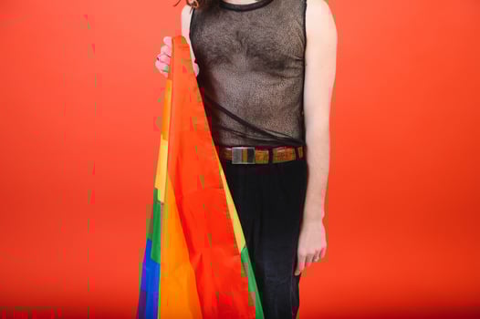 Happy gay man having fun holding rainbow flag symbol of LGBTQ community photo