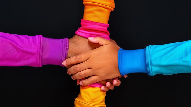 Friendship Day Illustration, multiethnic group of people holding hands on a black background, teamwork concept photo