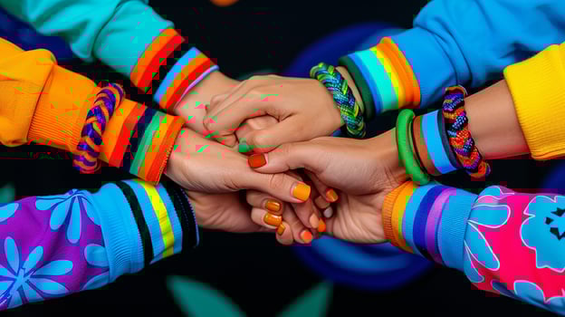 Friendship Day Illustration, Group of hands with multi-colored bracelets on a black background. photo