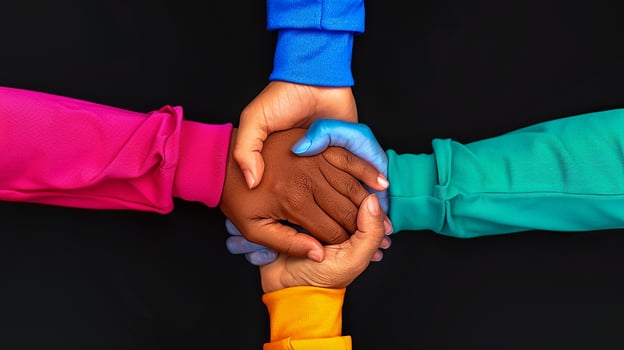 Friendship Day Illustration, a group of Hands of different people holding each other, isolated on a black background photo