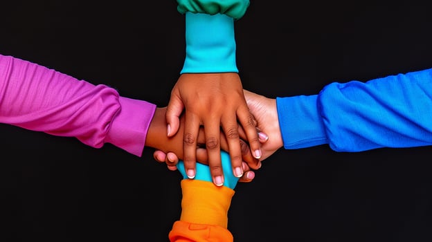 Friendship Day Illustration, Group of multiracial people holding hands together on a black background. photo