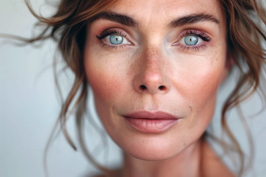 Beautiful elderly female, 50, promoting facial skincare and anti-aging treatments photo