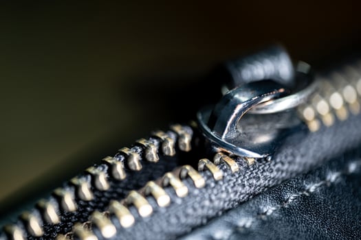 Close-up of metal zipper on black leather photo