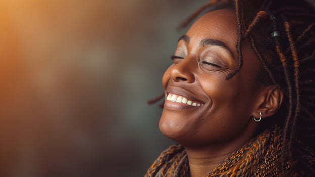 Happy woman dreadlocks scarf gaze photo
