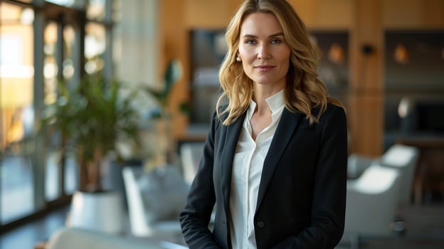 Woman in black jacket and white shirt standing in lobby photo