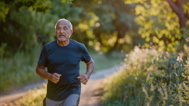 Man jogging on forest trail photo