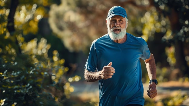 Man in blue shirt and cap running in park photo