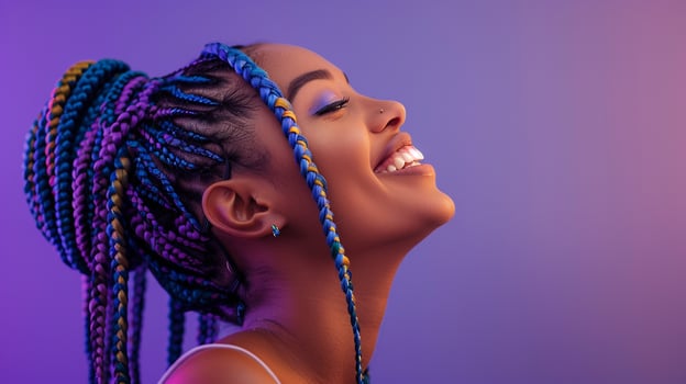 Woman with braids smiling at sky photo