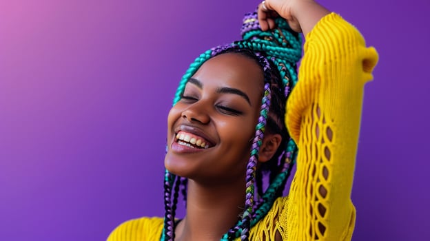 Cheerful lady with violet and azure dreadlocks photo