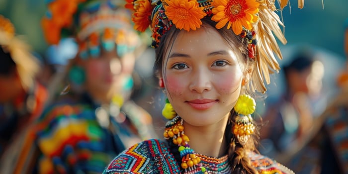 Young woman smiling in colorful traditional attire with flower decorations, representing cultural heritage during a festival celebration. photo