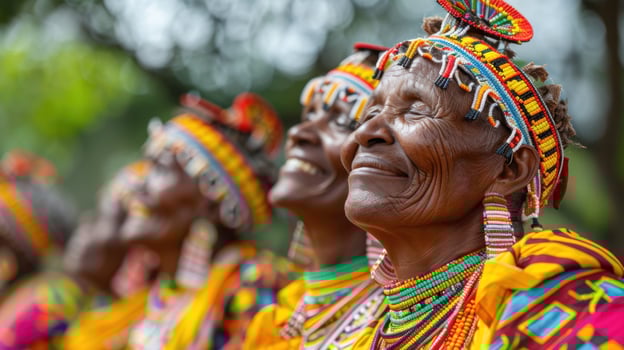 Group of women in vibrant traditional African attire celebrating joyfully, showcasing colorful beads and cultural heritage. photo