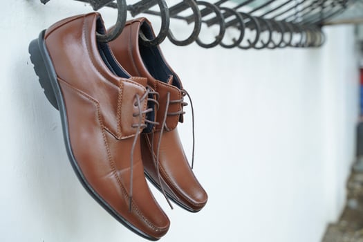a pair of brown shoes hanging on a wall photo