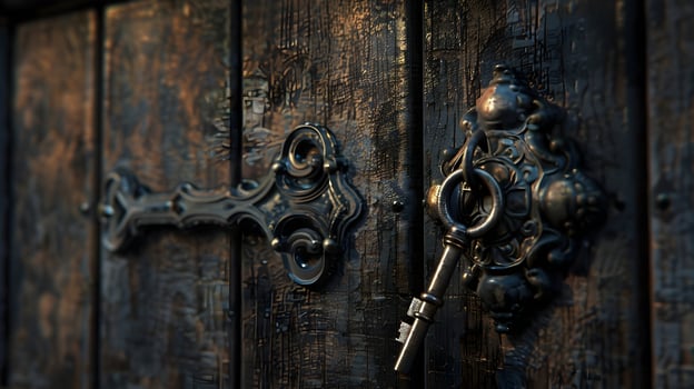 An ancient wooden door partially open, revealing a dark interior, with an ornate vintage key hanging from the keyhole, shadows adding depth to the scene photo