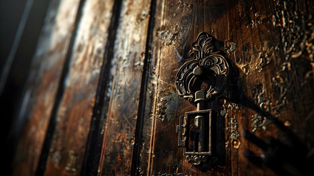 An ancient wooden door partially open, revealing a dark interior, with an ornate vintage key hanging from the keyhole, shadows adding depth to the scene photo