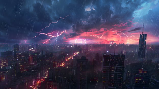 A city skyline at dusk with a massive thunderstorm approaching, lightning illuminating the buildings and rain beginning to fall on the streets below photo