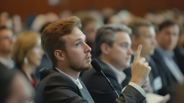 Business concept. Young employee asking to speak at the company's training conference. Young employee speaking at training seminar. photo