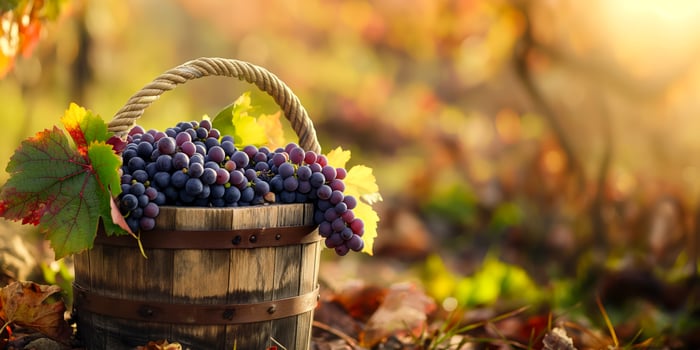 A charming vineyard with a wooden basket filled with ripe grapes, showcasing the harvests bounty photo