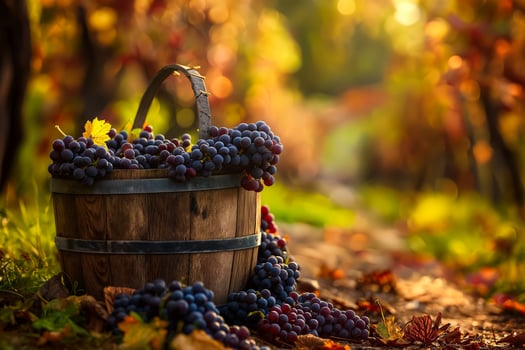 A charming vineyard with a wooden basket filled with ripe grapes, showcasing the harvests bounty photo