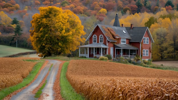 A quaint country farmhouse surrounded by bountiful harvest crops, epitomizing the rural charm of autumn season photo