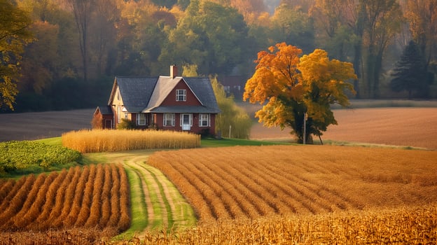 A quaint country farmhouse surrounded by bountiful harvest crops, epitomizing the rural charm of autumn season photo