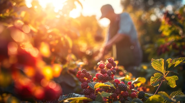 Harvest worker collecting ripe blackberries in a sunlit thicket during the peak autumn season photo