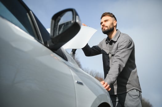 Young upset casual man trying to fix his broken car outdoors. Man waiting for towing service for help car accident on the road. Roadside assistance concept. photo