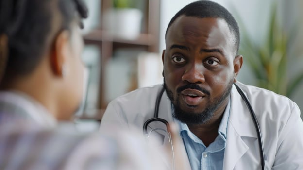 A doctor wearing a white coat listens intently to a patient, providing care and guidance photo