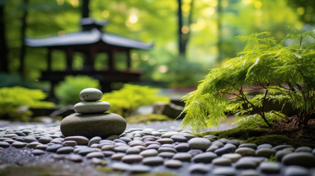 A zen garden with a stone stack in the foreground photo