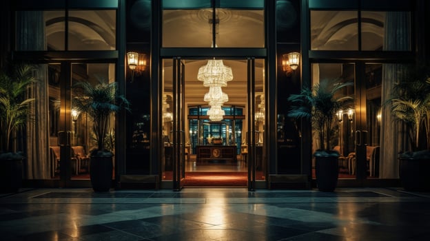 A view of a grand lobby at dusk, showcasing a shimmering chandelier and plush interior photo