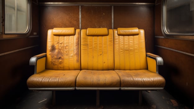 A worn, yellow train seat sits in a forgotten carriage photo