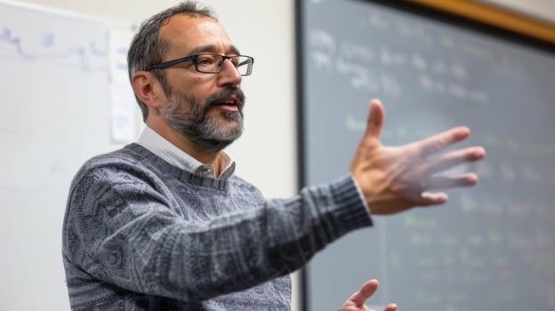 A professor passionately lectures in a university classroom photo