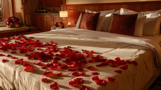 A bed covered in red rose petals, a romantic setting in a hotel room photo