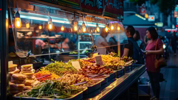 A street food stall with colorful dishes under warm yellow light photo