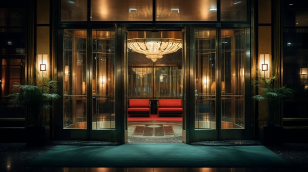 A view of a hotel entrance with a revolving door and a grand chandelier photo