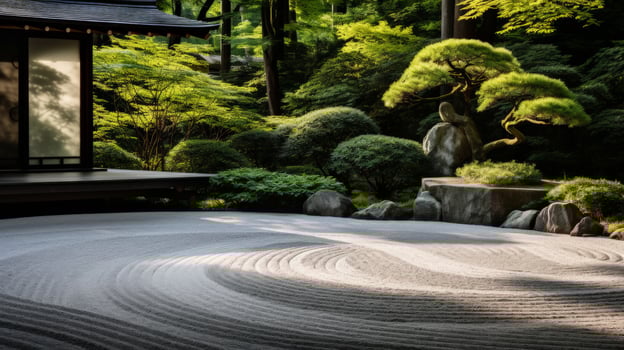 A serene Japanese garden with a raked sand design photo