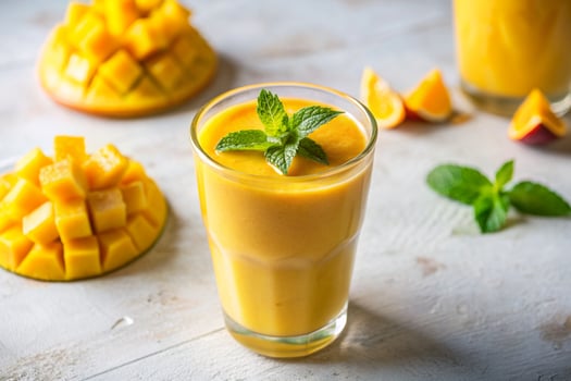 mango smoothies in the glass and slice dice mango on light background photo