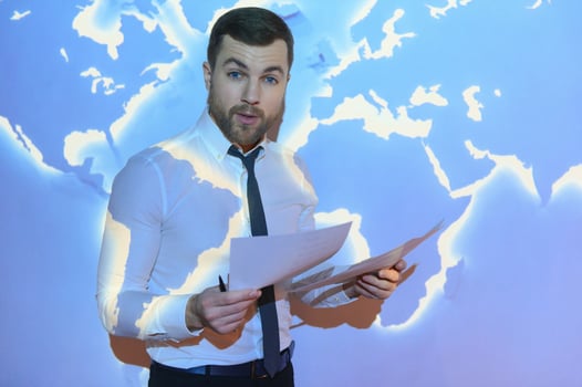businessman on the background of the world map, international economy. photo