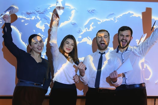 Image of businesspeople standing against world map background photo