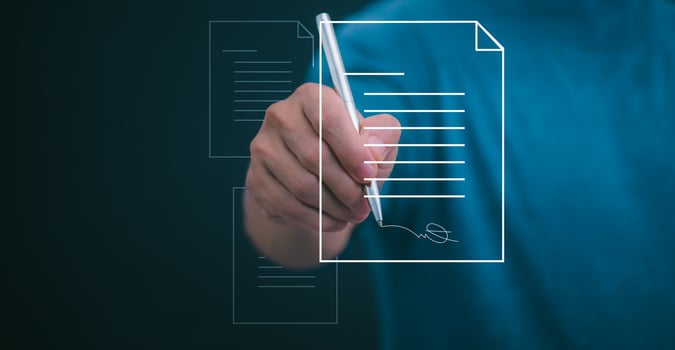 The person signing an electronic document on a smartphone, management concept, digital transformation Internet of Things, Big Data and Business Processes, Automated Operations, Data Storage photo