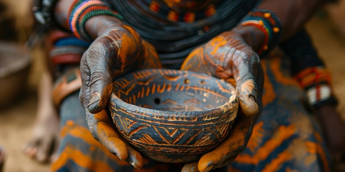Close-up of a culturally significant handcrafted bowl with intricate patterns, held by hands adorned with traditional jewelry. photo