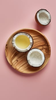 Coconut oil extract with half fruit on wooden plate from palm tree story background photo