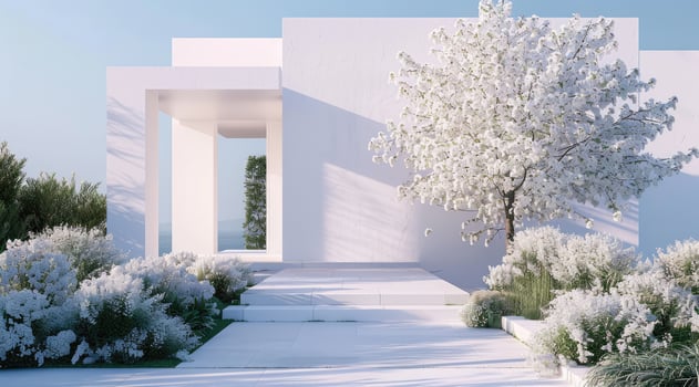 Modern house exterior with blooming trees photo