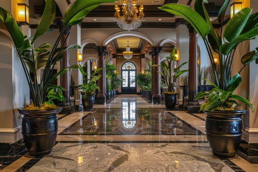 An elegant corridor with multiple potted plants enhancing the aesthetics of the interior space photo
