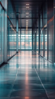 Modern, glass-walled corridor with reflective floor tiles and soft lighting, emphasizing sleek architecture and contemporary design. photo
