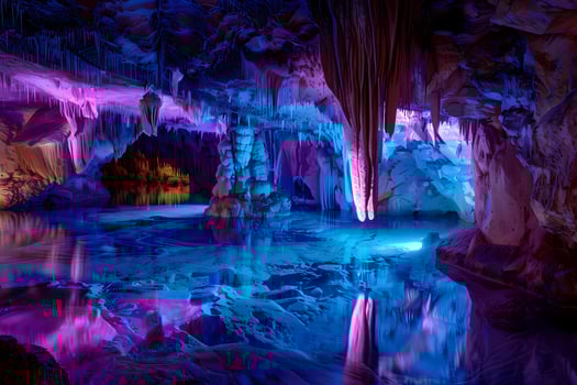 A luminescent cave features blue water and purple glowing stalactites photo