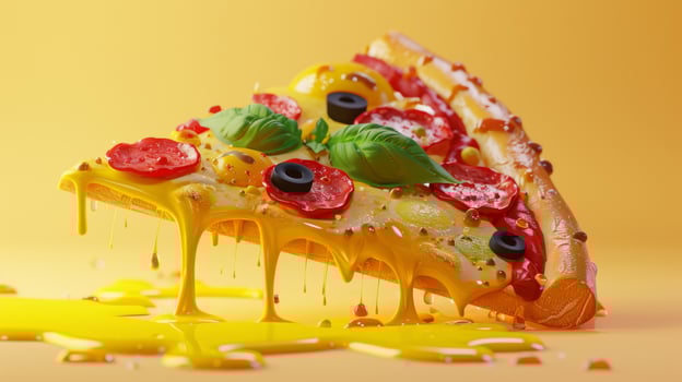 Delicious Melting Pizza Slice with Pepperoni, Basil, and Olives on Yellow Background photo