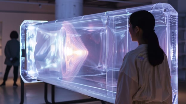 Woman Analyzing Holographic Display in Futuristic Technology Exhibit photo