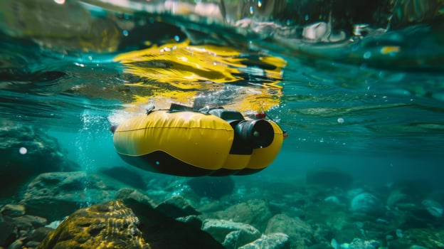 Yellow Waterproof Camera Floating Underwater Capturing Marine Life in Clear Blue Water photo
