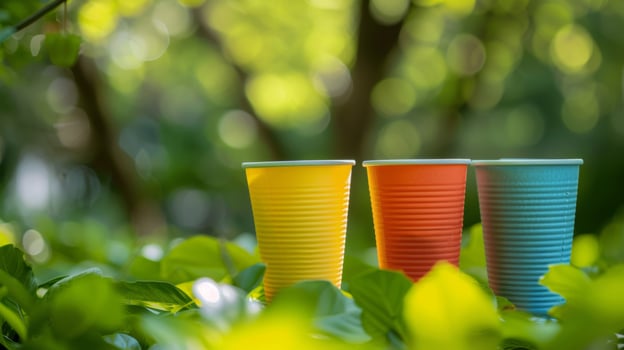 Vibrant Disposable Cups in Nature Setting with Bokeh Background photo